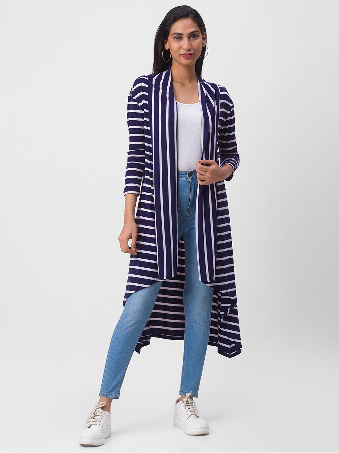 Globus Women Navy Blue & White Striped Longline Shrug Price in India