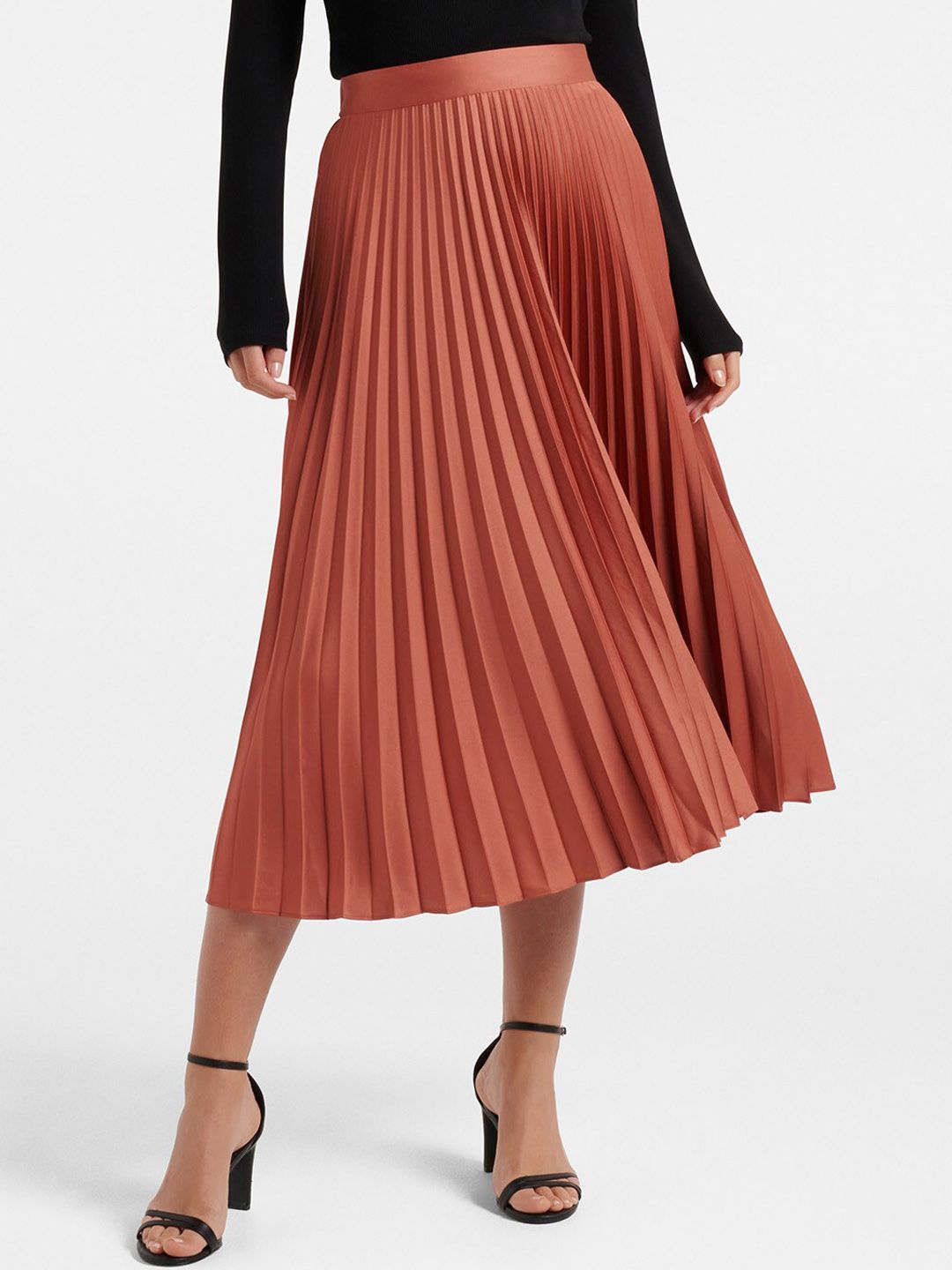 Forever New Women Brown Satin Accordion Pleated Midi Skirt Price in India