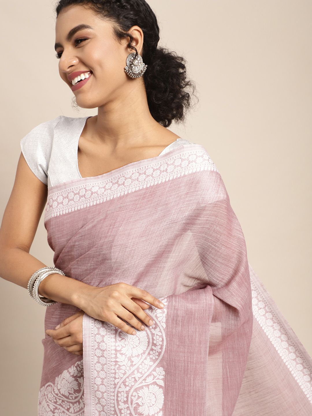 Mitera Pink & White Ethnic Motifs Woven Design Pure Linen Saree Price in India