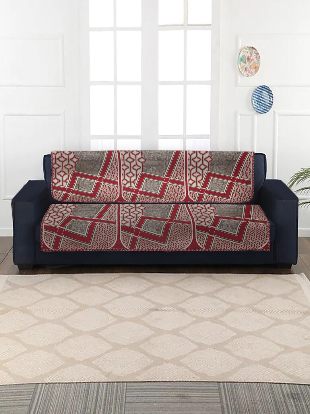 MULTITEX Set of 10 Maroon & Grey Jacquard 5 Seater Sofa Covers Price in India