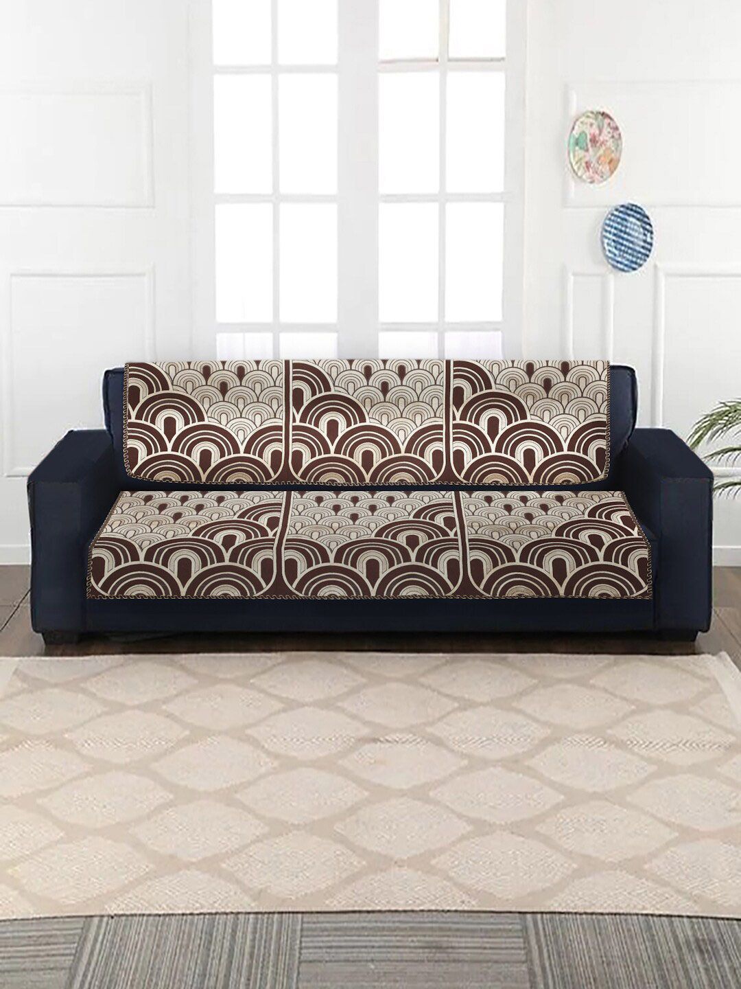 MULTITEX Brown 10 Pcs Geometric Jacquard 5-Seater Sofa Covers Price in India