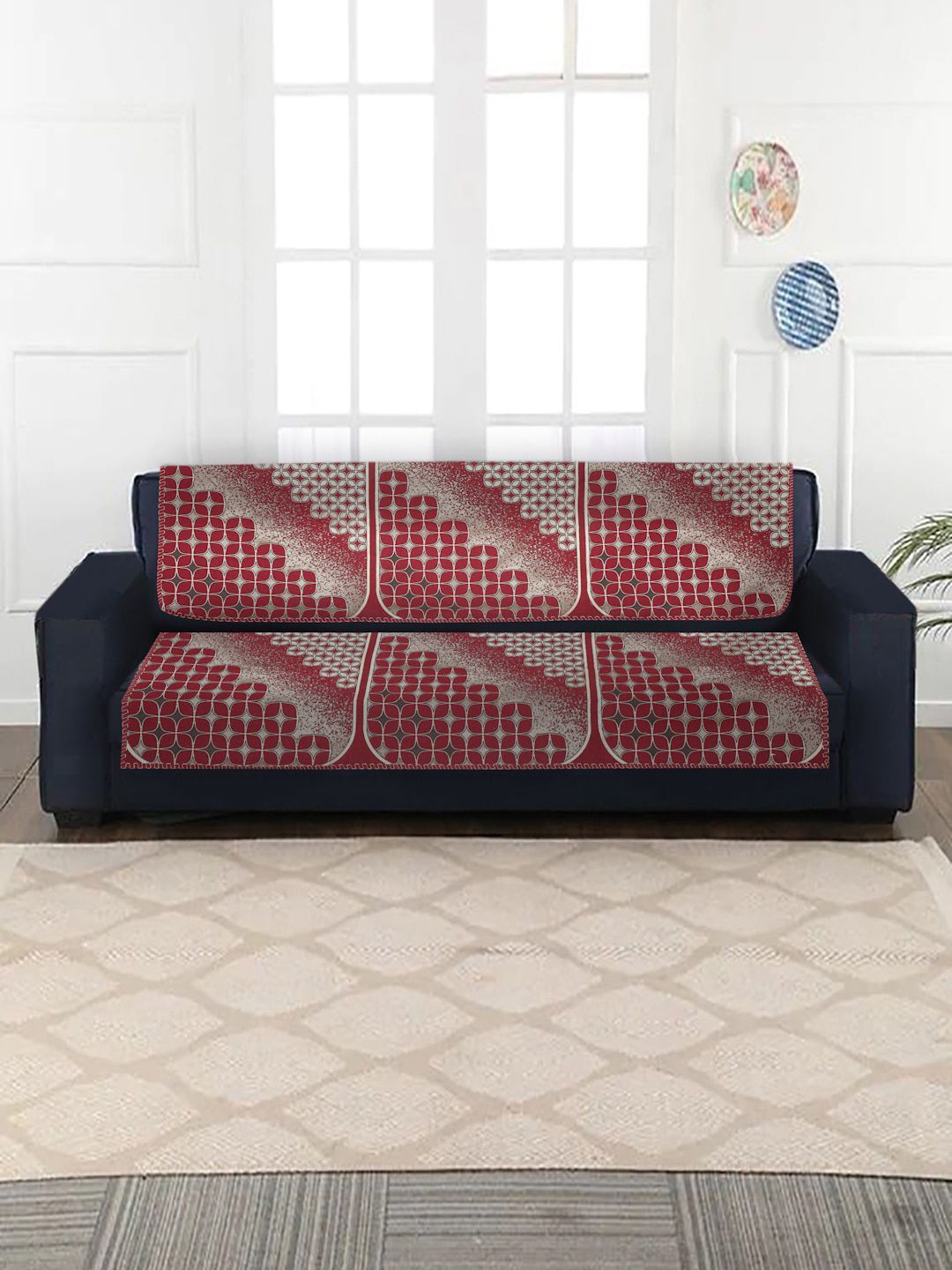 MULTITEX Maroon & Beige 10 Pieces Self Design Sofa Covers Price in India