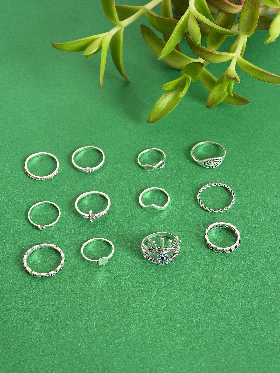 SOHI Set of 12 Silver-Plated Designer Stone Studded Finger Ring Price in India