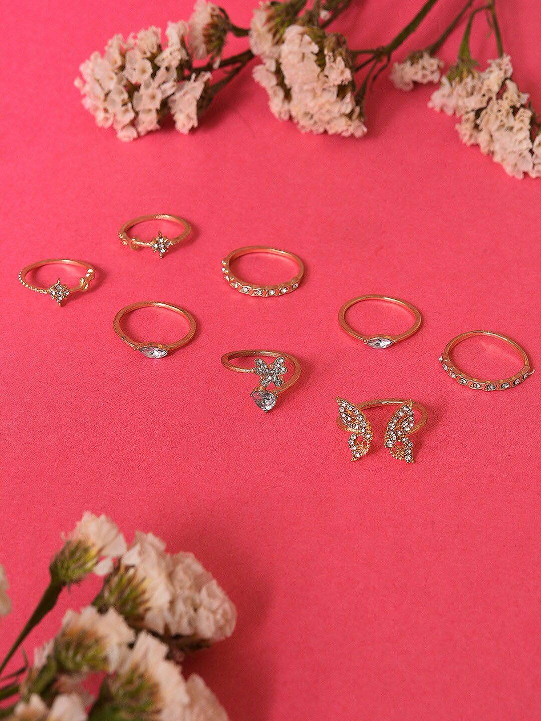 SOHI Set Of 8 Gold-Plated White Stone-Studded Finger Rings Price in India