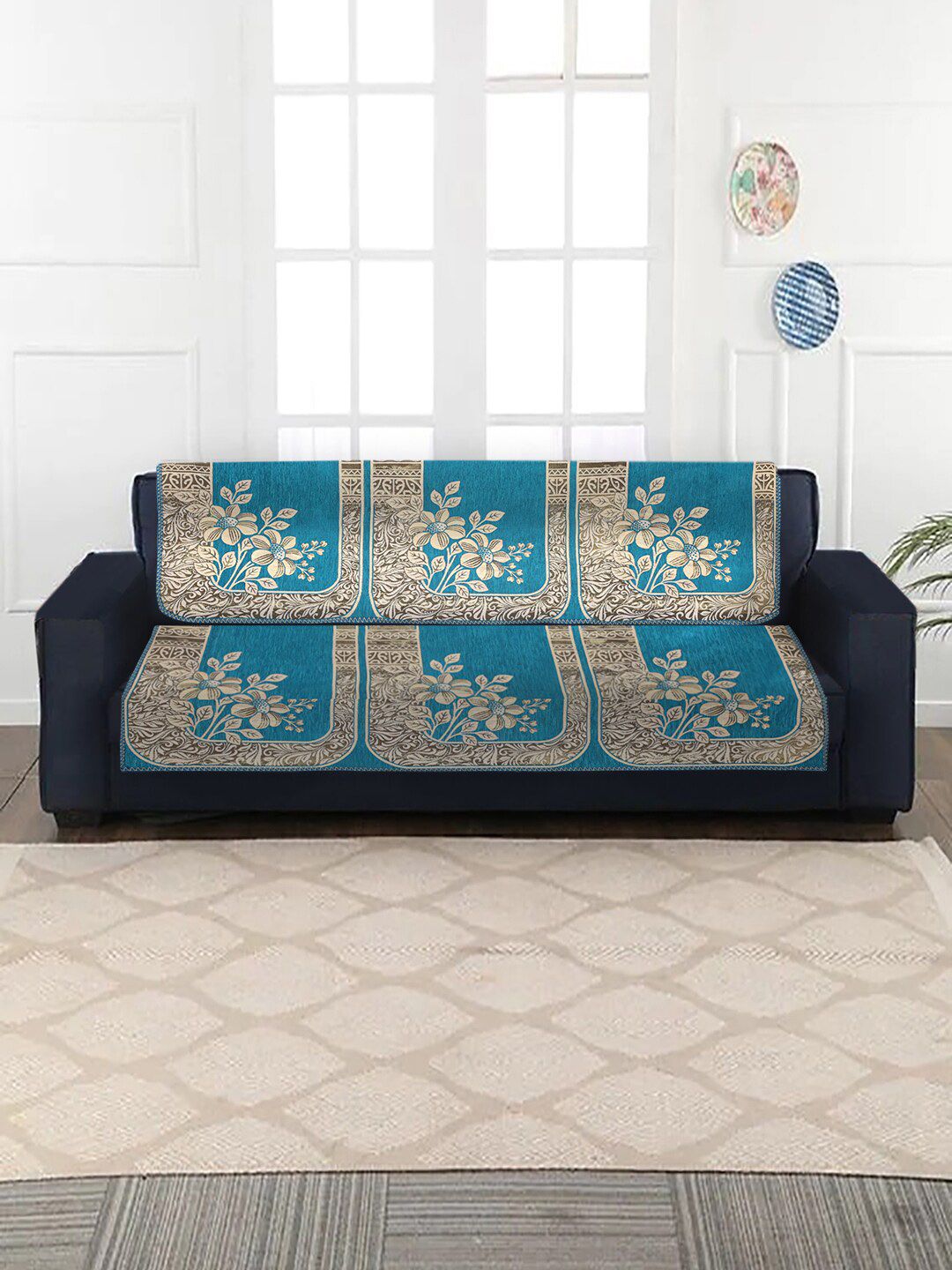 MULTITEX Set of 10 Blue & Beige Jacquard 5 Seater Sofa Covers Price in India