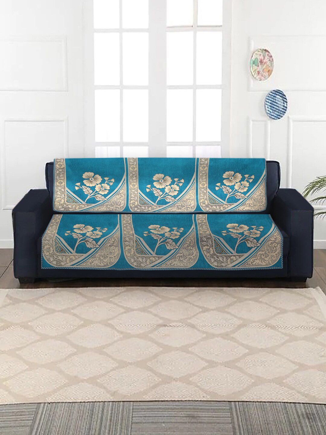 MULTITEX Turquoise Blue & Beige Floral Printed Sofa Covers Price in India