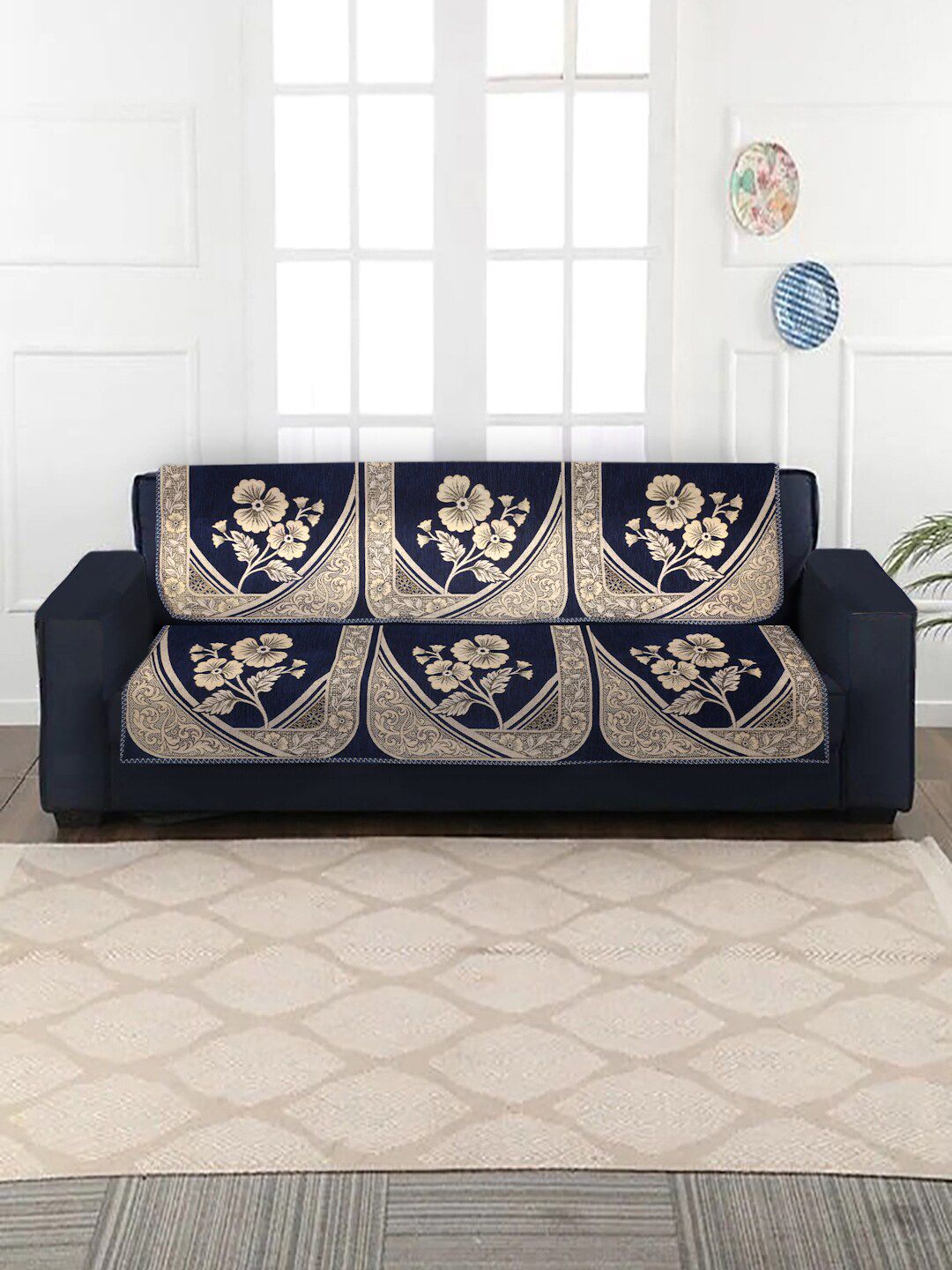 MULTITEX Blue 10 Pcs Floral Jacquard 5-Seater Sofa Covers Price in India