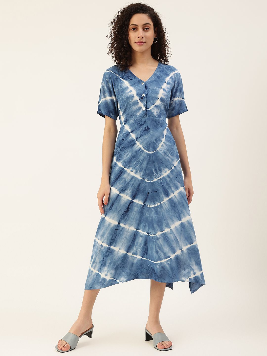 Maaesa Women Blue & White Dyed A-Line Midi Dress Price in India