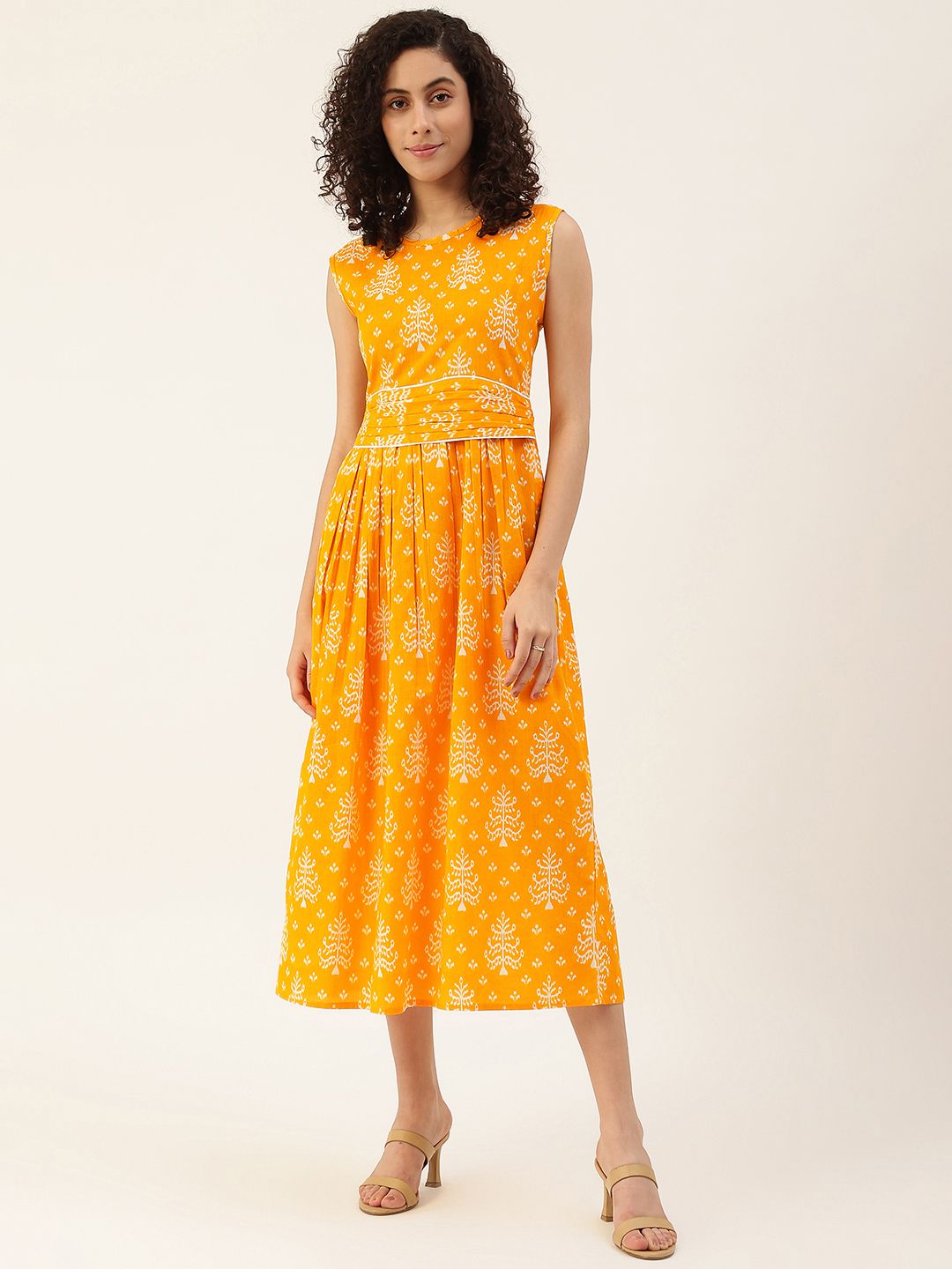 Maaesa Orange Ethnic Motifs A-Line Midi Dress Price in India