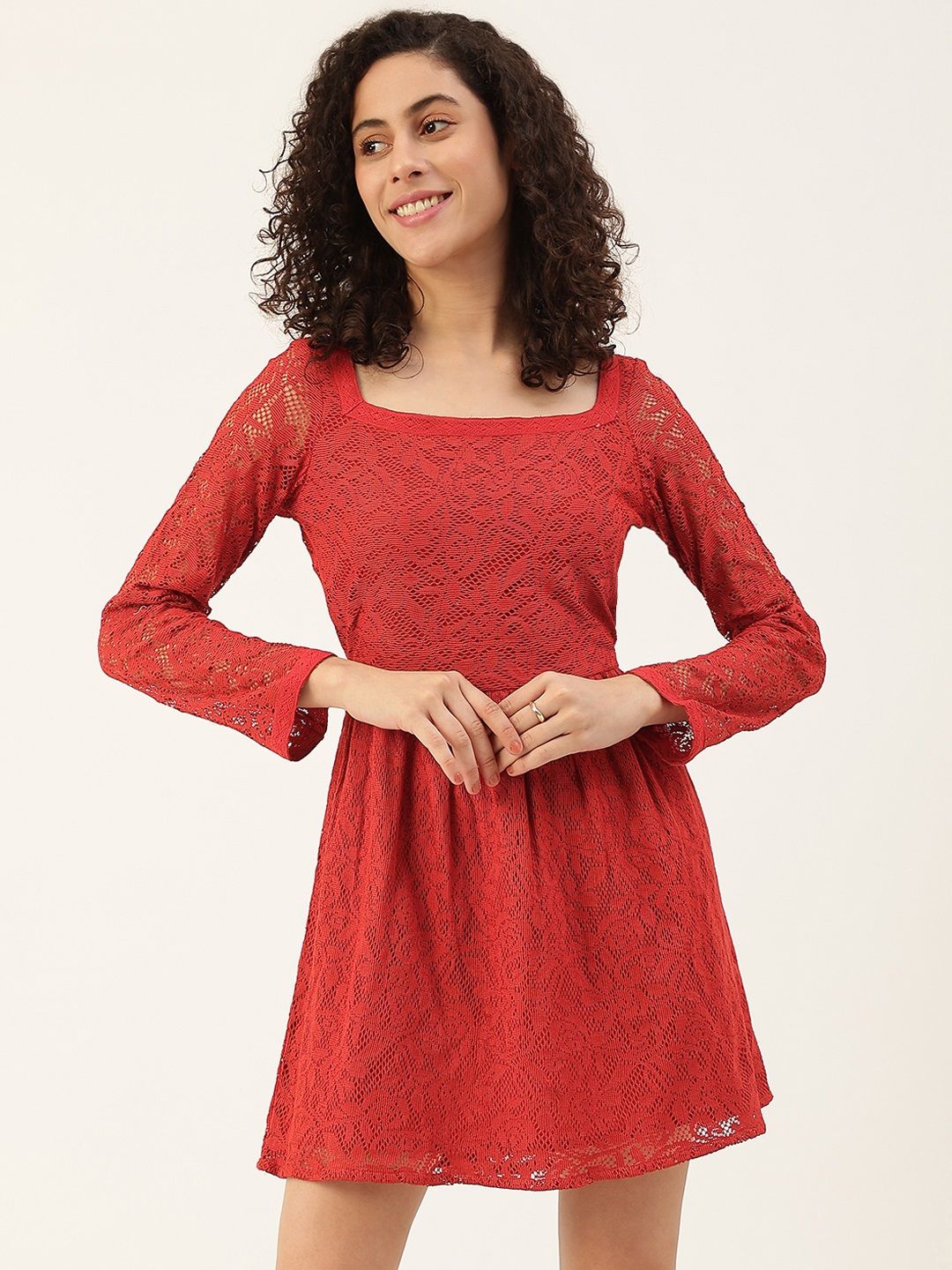 Maaesa Women Red Lace Belted A-Line Dress Price in India