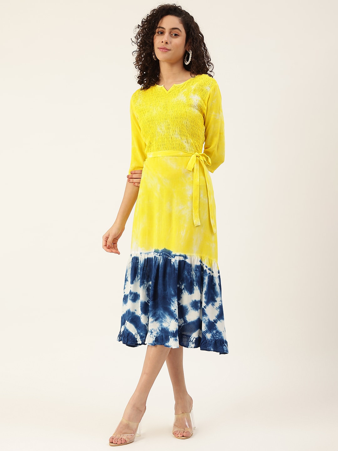 Maaesa Yellow & Navy Blue Tie and Dye Dyed A-Line Dress Price in India