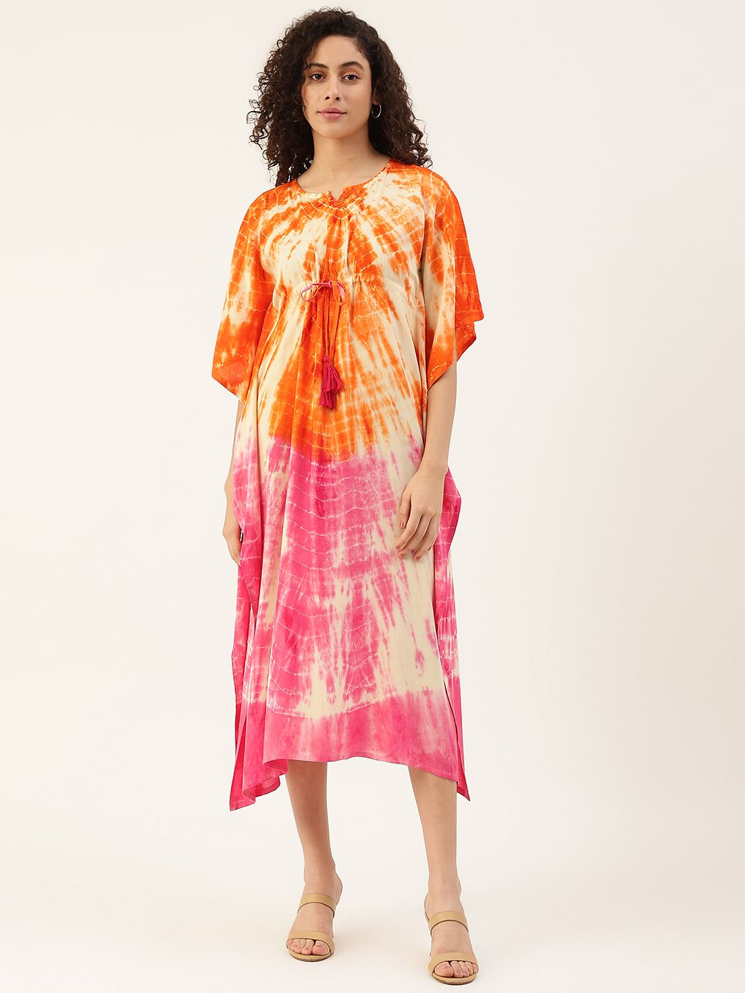 Maaesa Women Pink & Orange Dyed Kaftan Midi Dress Price in India