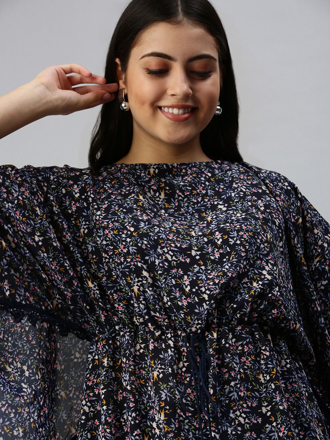 SHOWOFF Navy Blue Floral Chiffon A-Line Dress Price in India