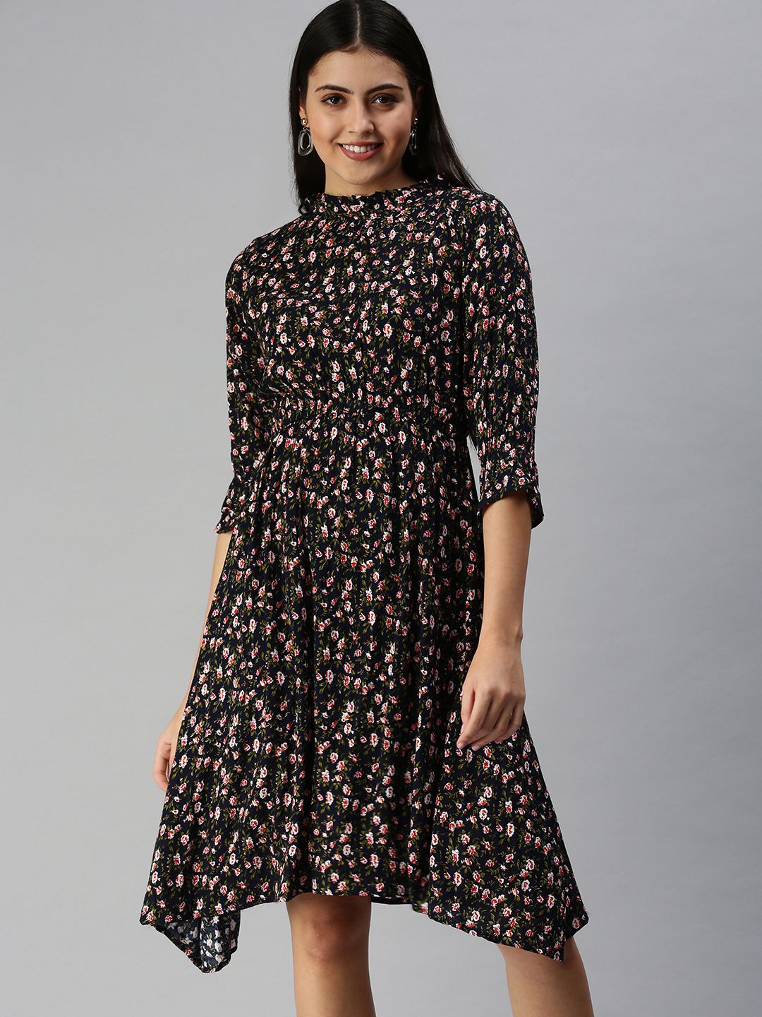 SHOWOFF Navy Blue Floral Crepe Midi Dress Price in India