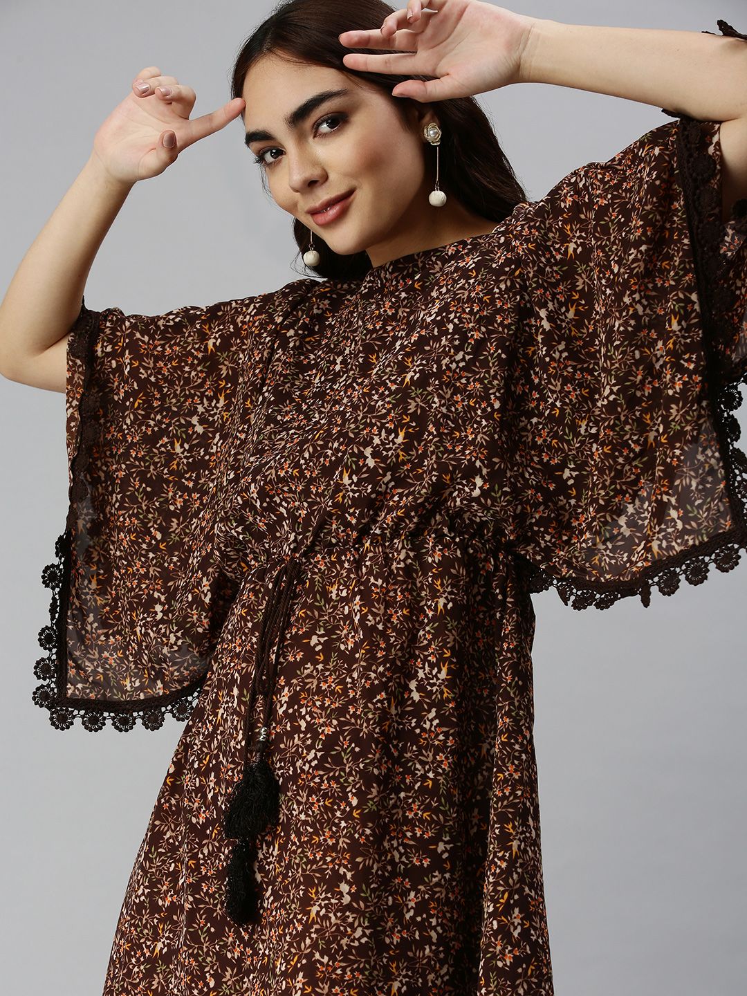 SHOWOFF Brown Animal Chiffon A-Line Midi Dress Price in India