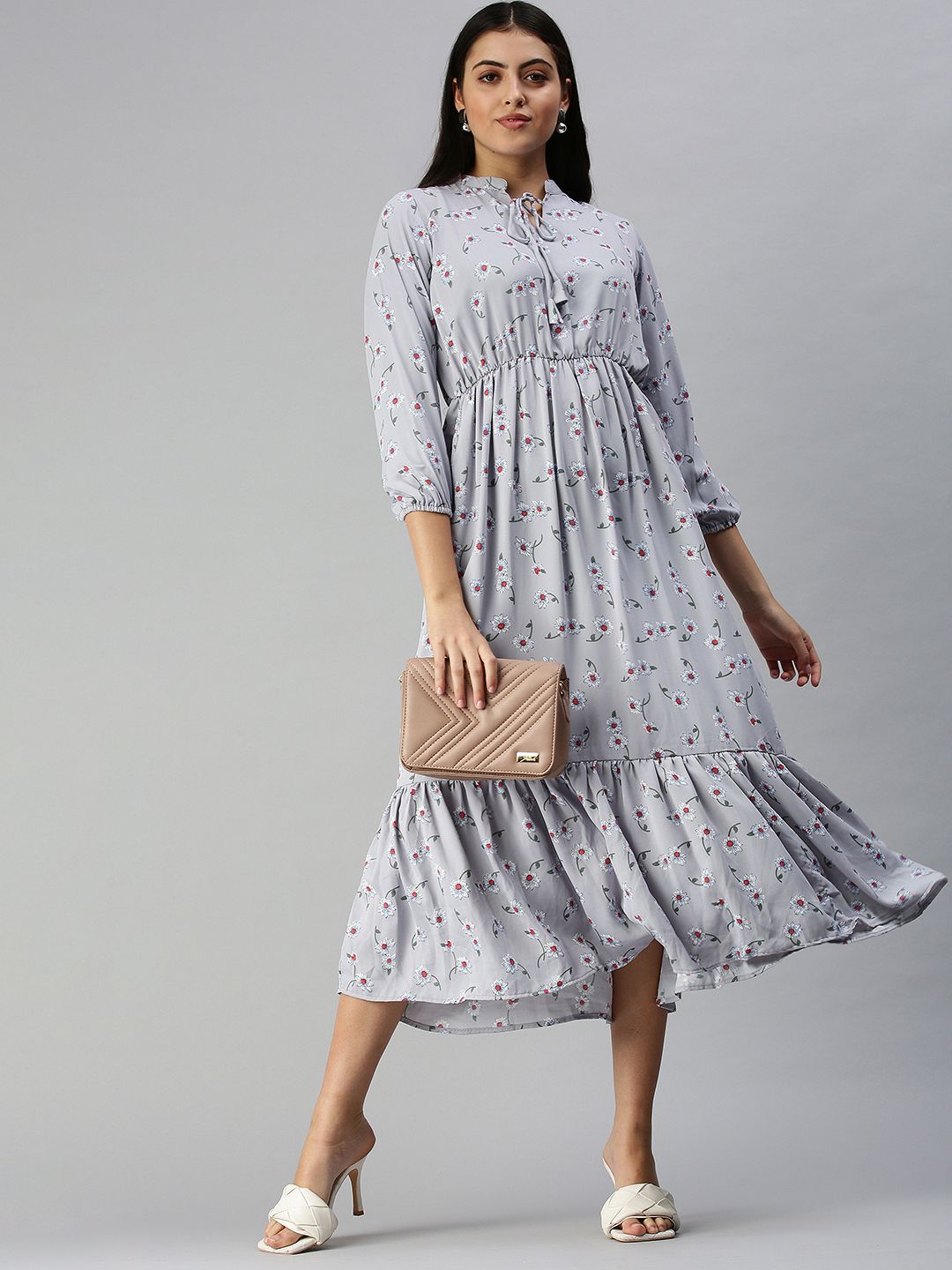 SHOWOFF Grey Ethnic Motifs A-Line Midi Dress Price in India