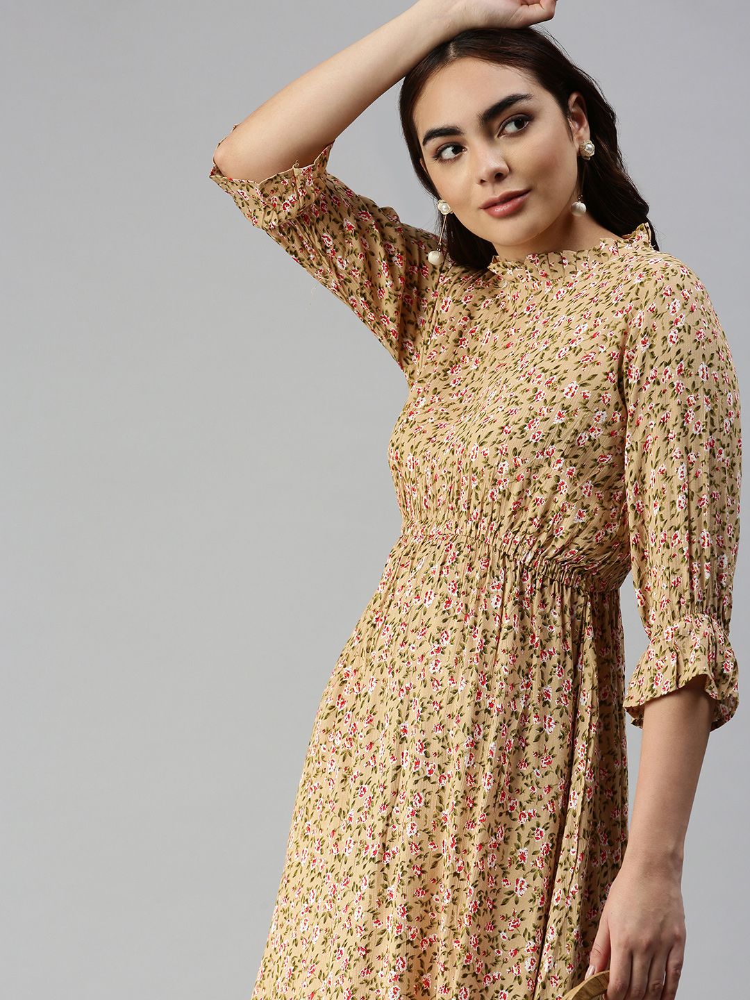 SHOWOFF Beige Floral Crepe Midi Dress Price in India