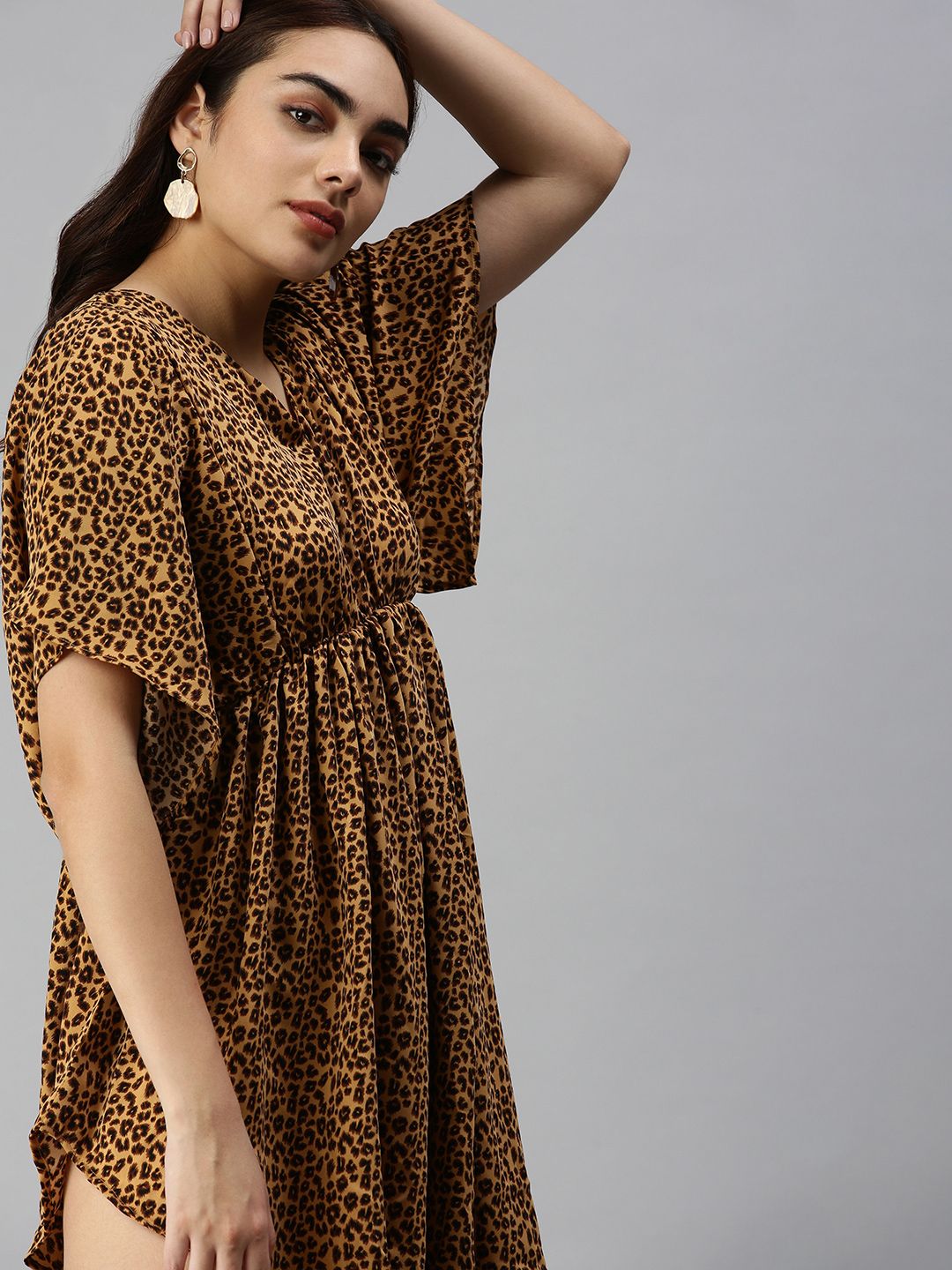 SHOWOFF Brown Animal Crepe A-Line Midi Dress Price in India