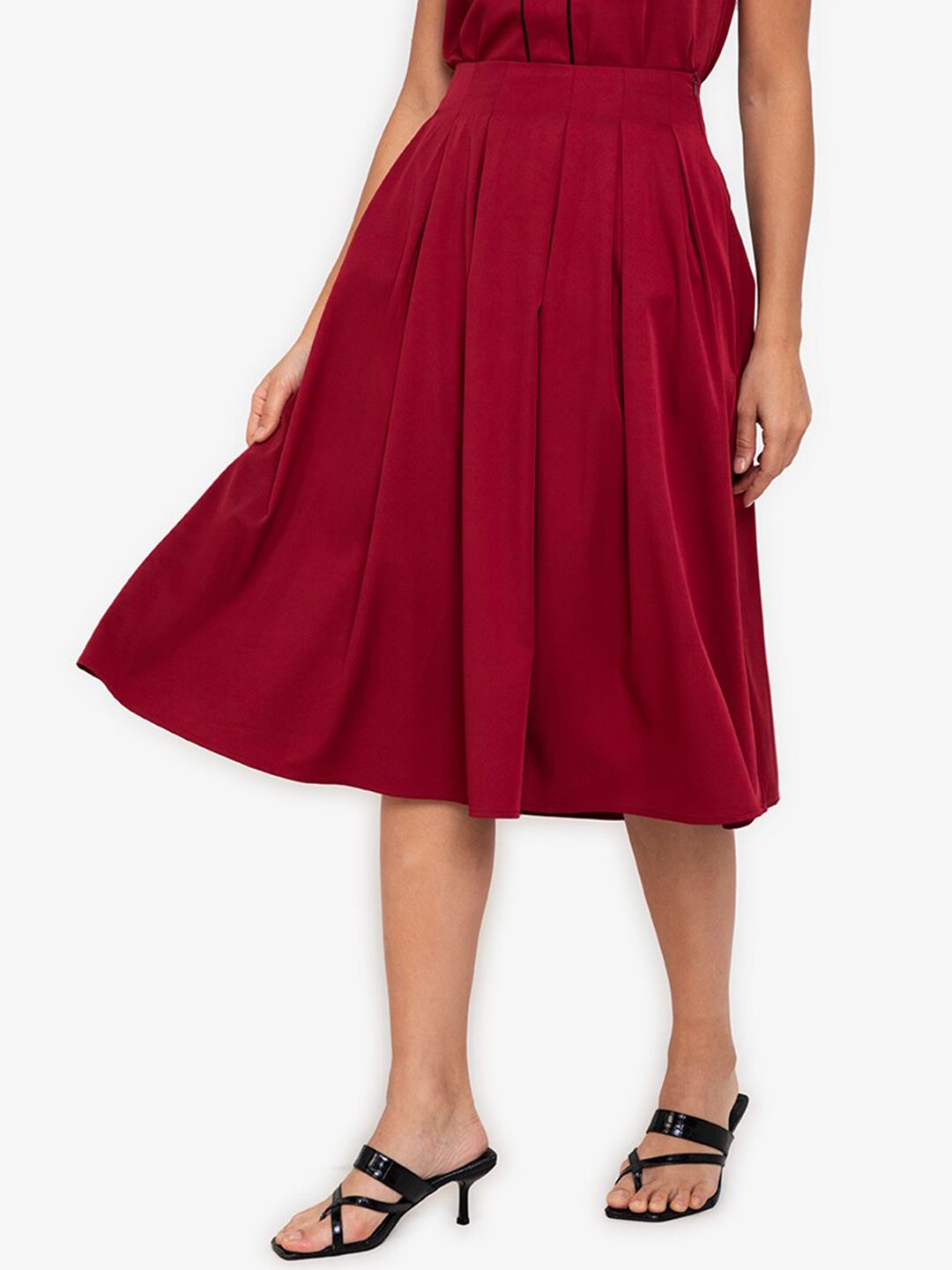 ZALORA WORK Red Solid Pleated Flared Midi Skirt