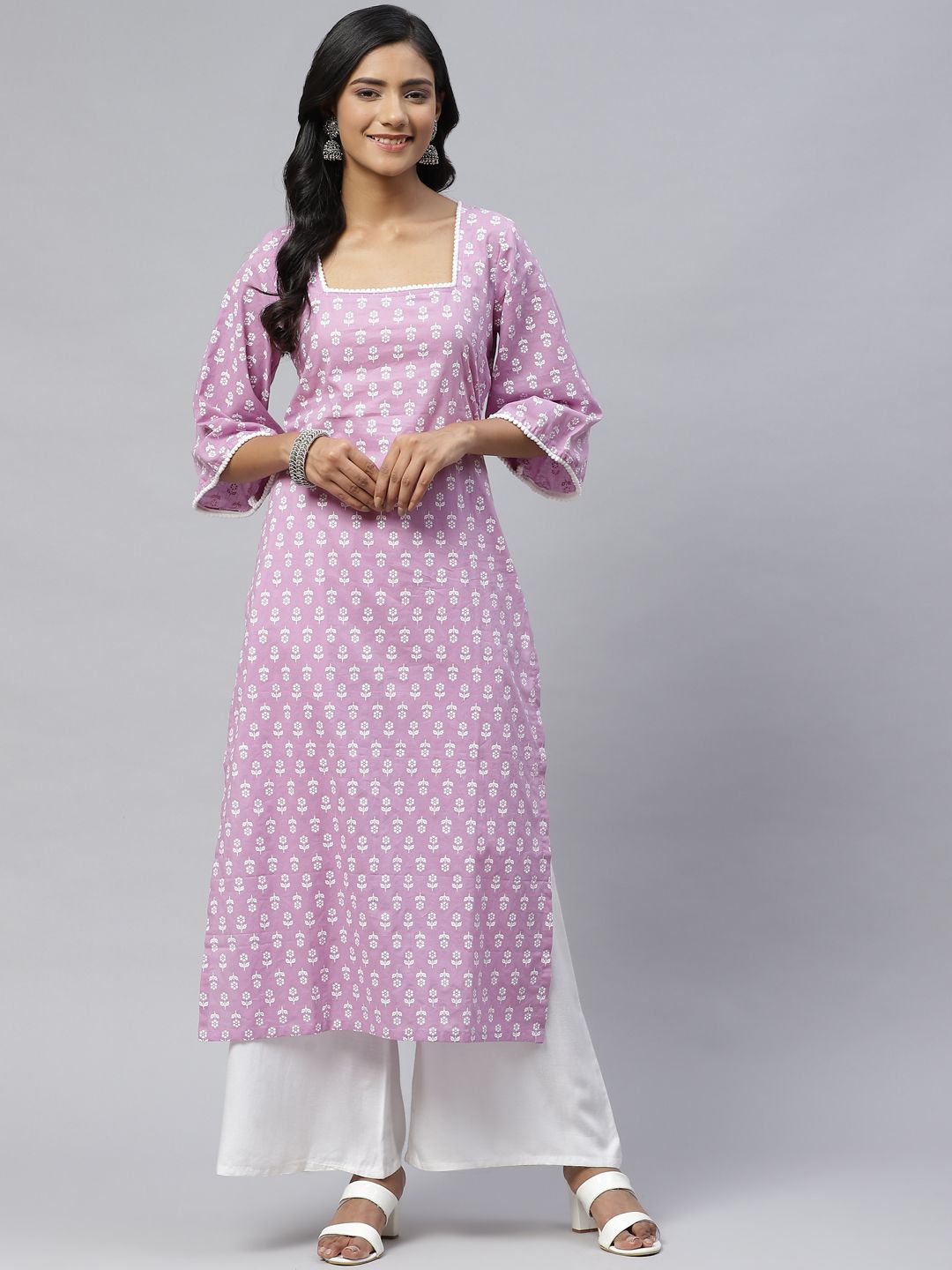 Wabii Women Lavender & White Ethnic Motifs Printed Pure Cotton Kurta Price in India