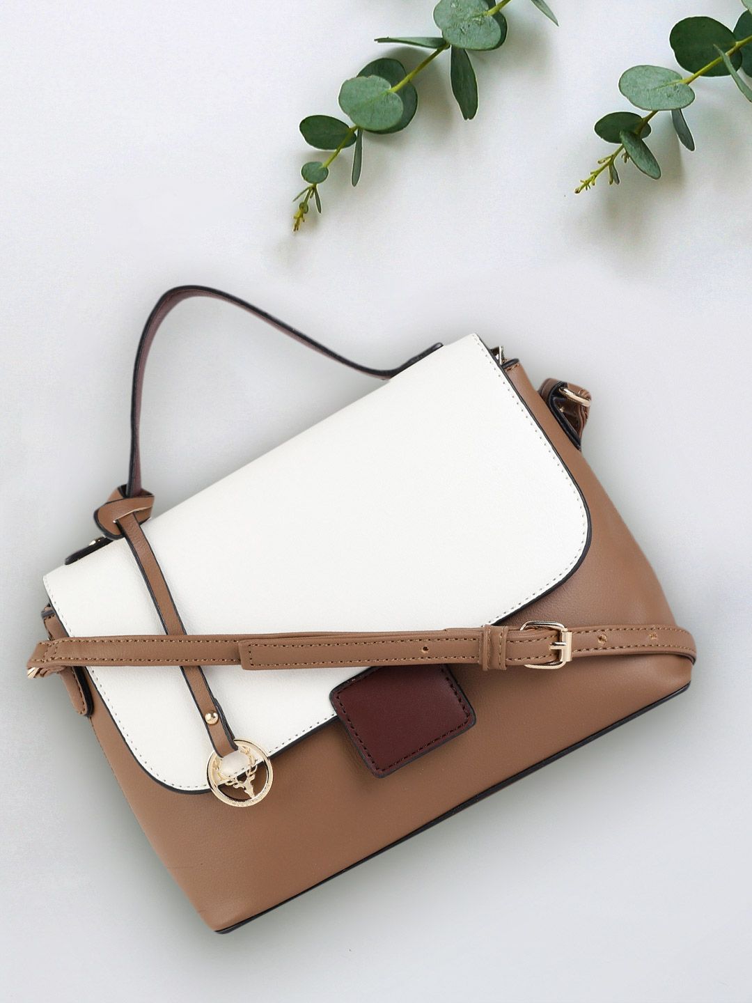 Allen Solly White & Brown Colourblocked Satchel Price in India