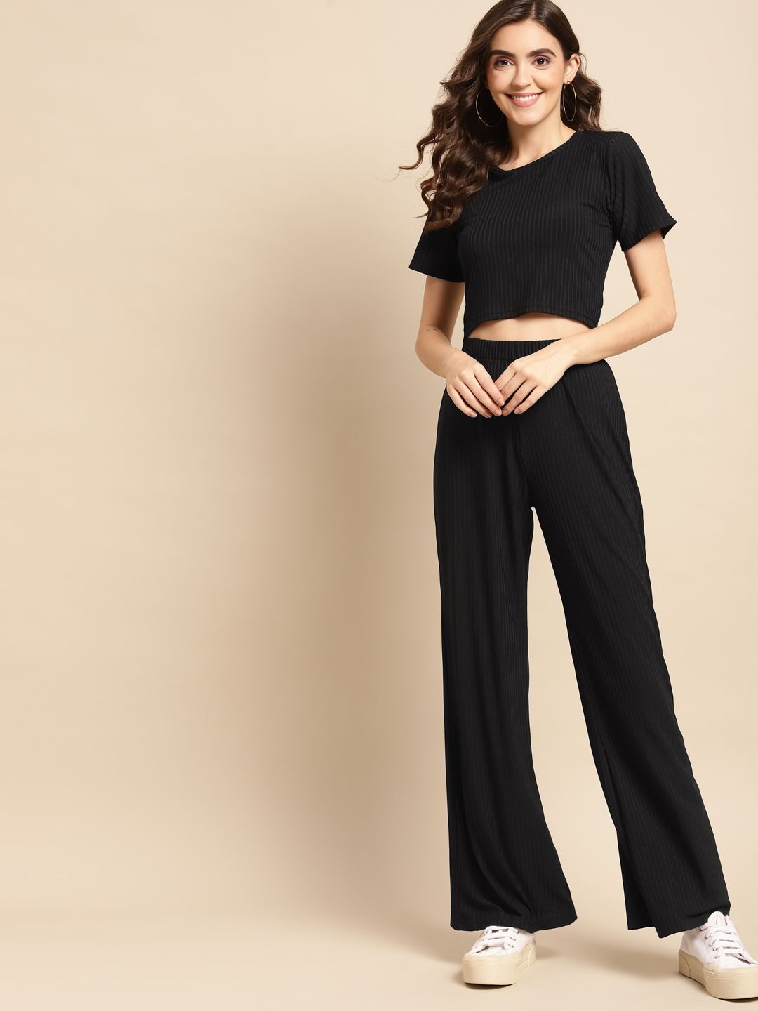 WoowZerZ Women Black Crop Top & Palazzos Set