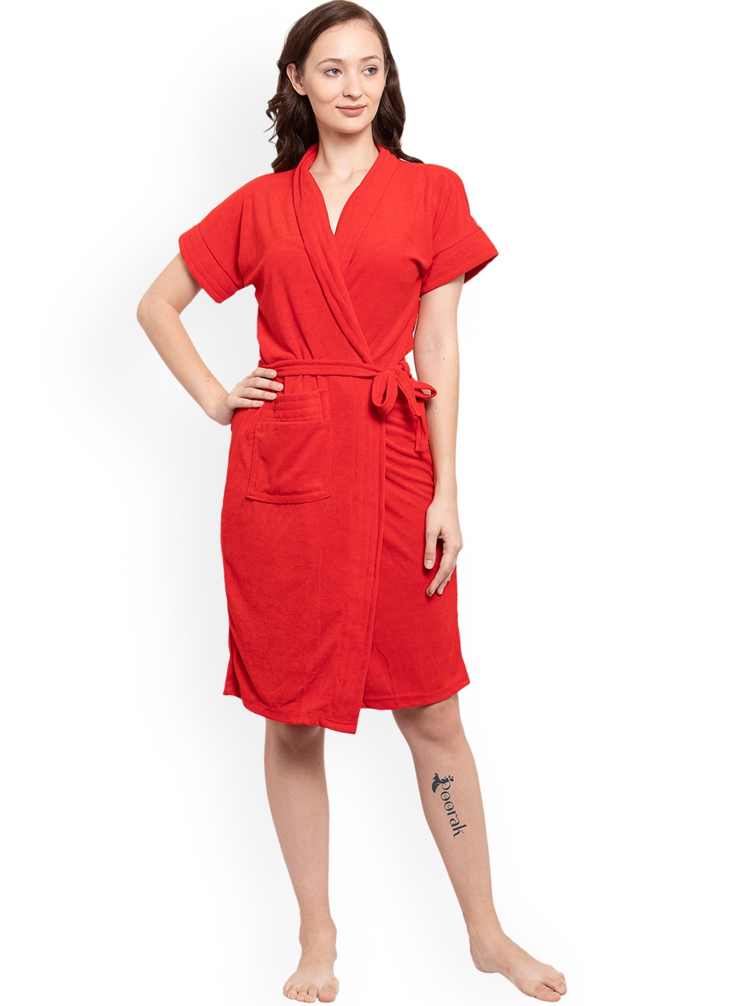 POORAK Women Red Solid Bath Robe Price in India
