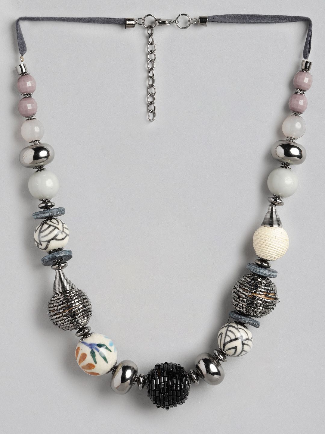 RICHEERA Silver-Toned & Off White Beaded Necklace Price in India