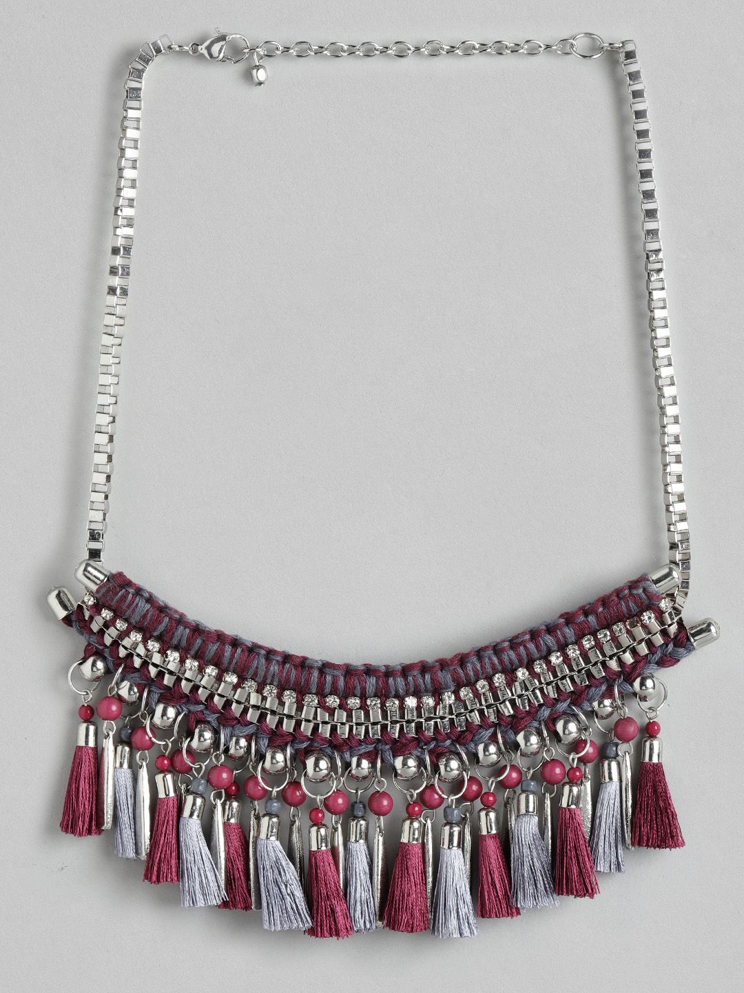 RICHEERA Purple & Silver-Toned Tasselled Statement Necklace Price in India