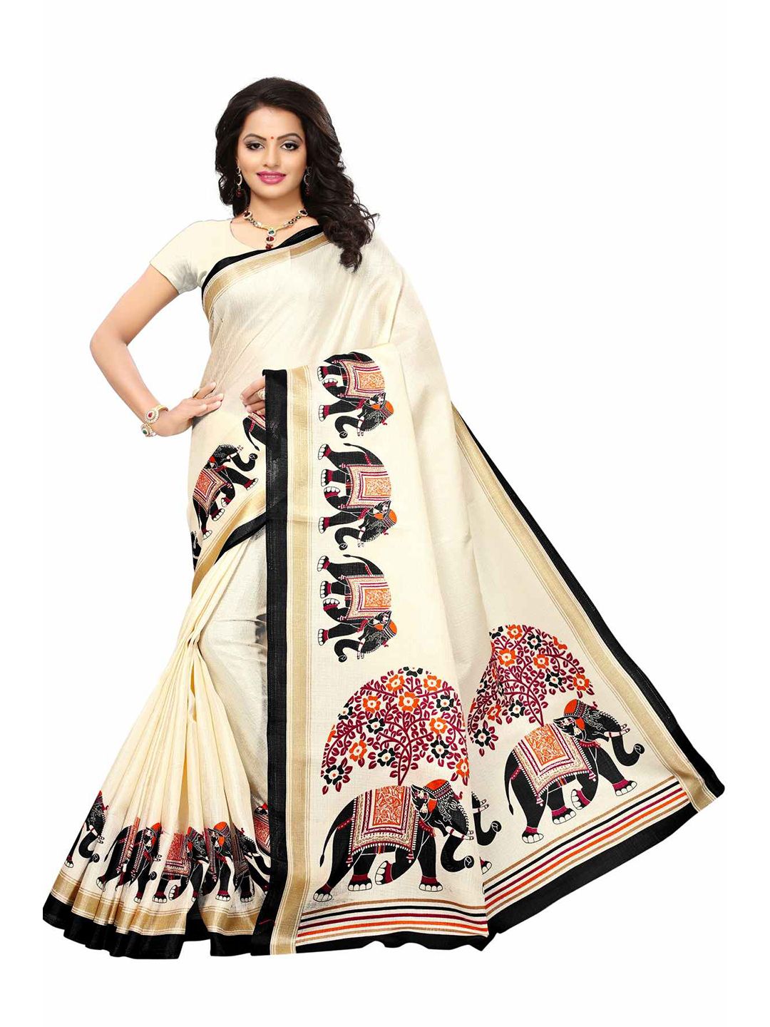 AADVIKA Off White & Black Ethnic Motifs Cotton Blend Saree