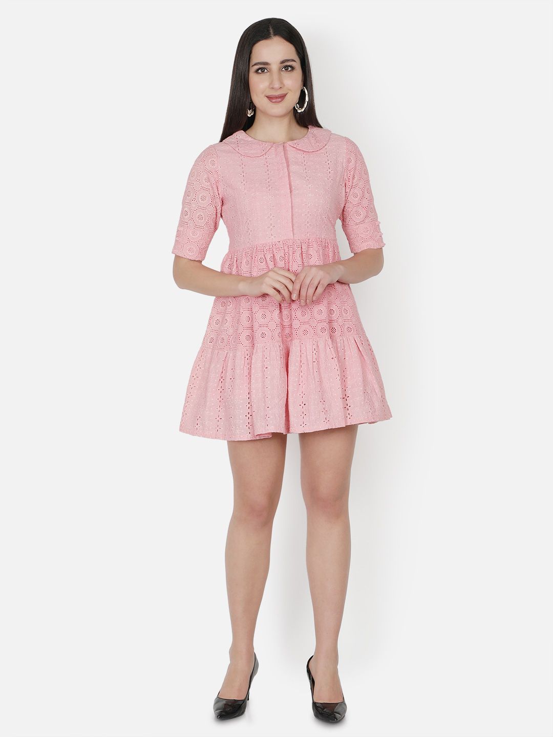 TRISHLA INDIA Women Pink Peter Pan Collar Mini Dress Price in India