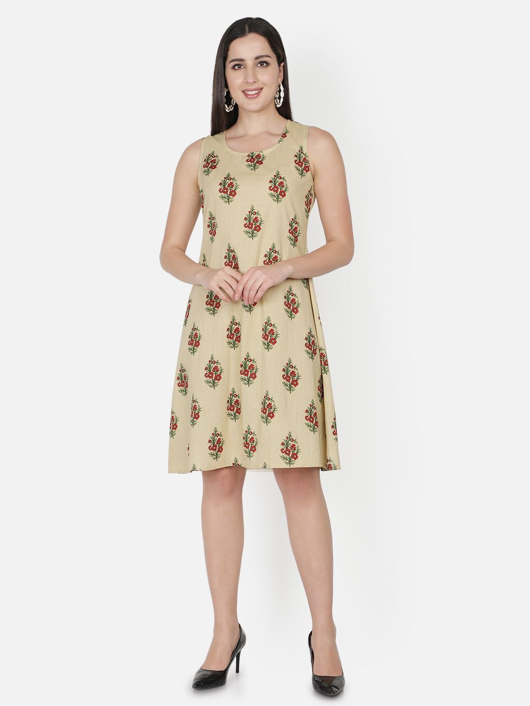 TRISHLA INDIA Beige & Red Floral Dress Price in India