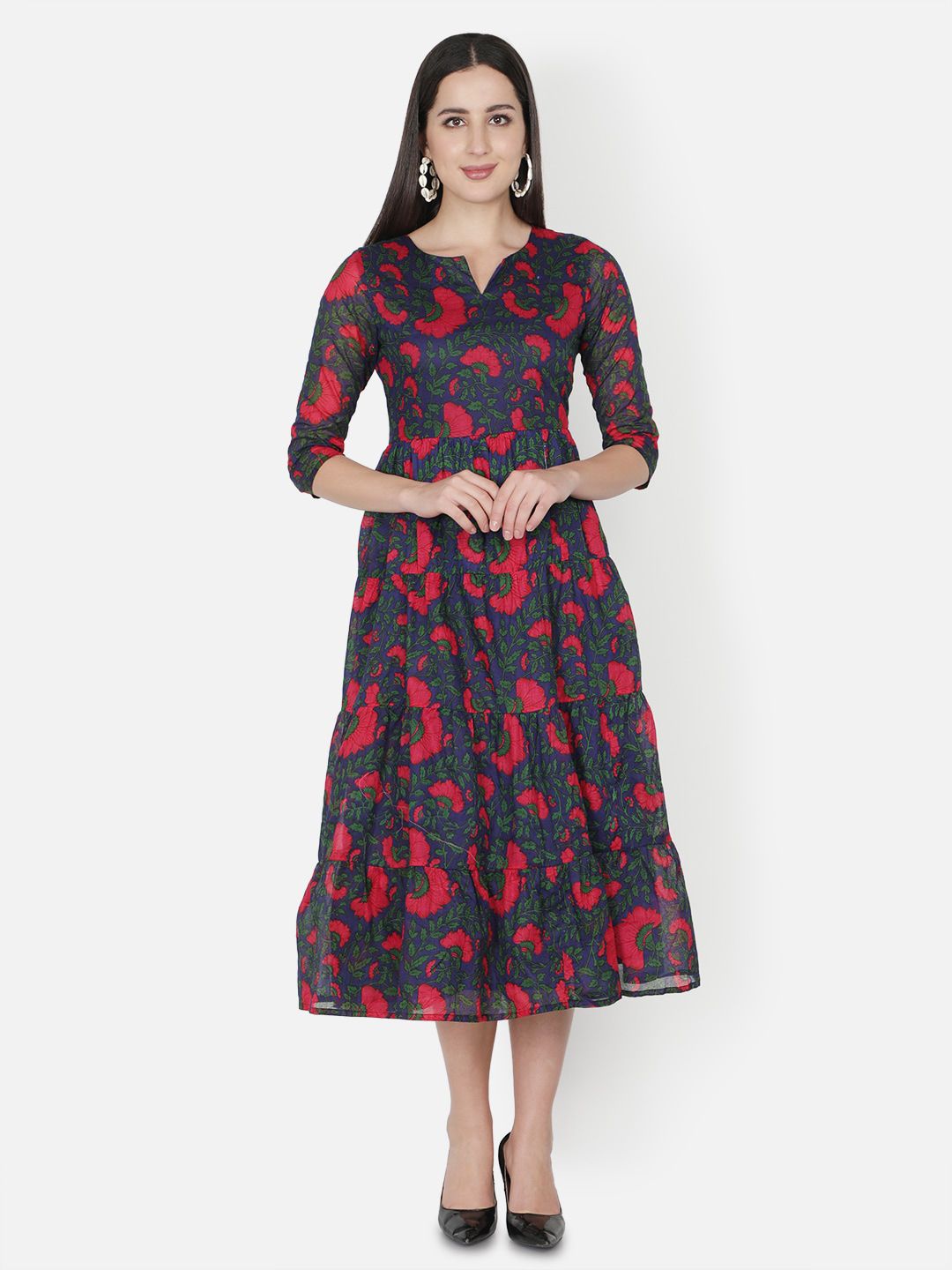 TRISHLA INDIA Multicoloured Floral Printed Midi Dress Price in India