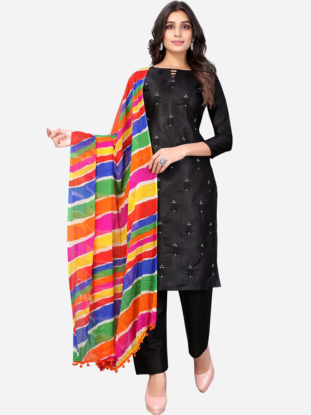 Satrani Women Black & Orange Embroidered Mukaish Unstitched Dress Material Price in India