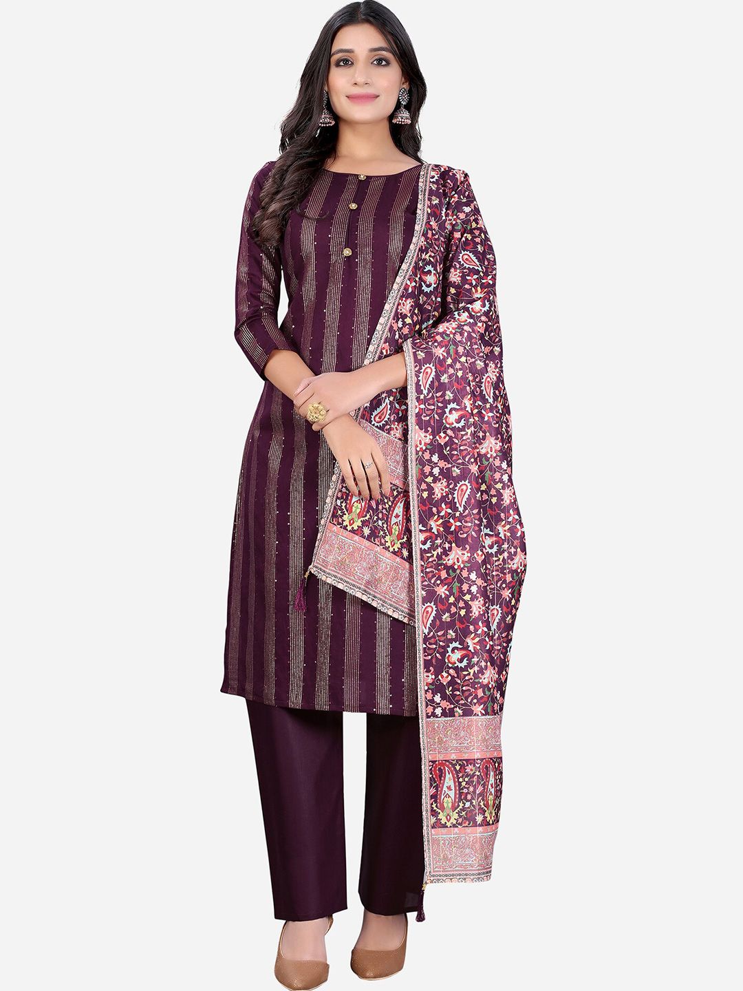 Satrani Purple & Pink Printed Cotton Unstitched Dress Material Price in India