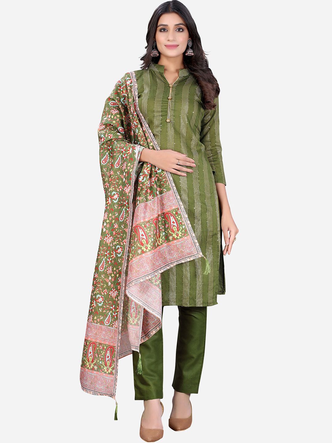 Satrani Olive Green & Pink Unstitched Dress Material with Dupatta Price in India