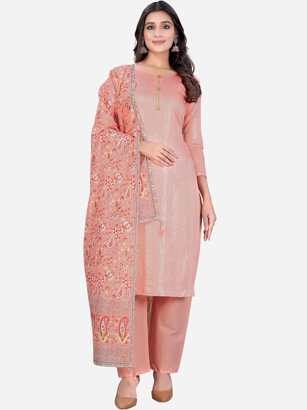 Satrani Peach-Coloured & White Printed Unstitched Dress Material Price in India