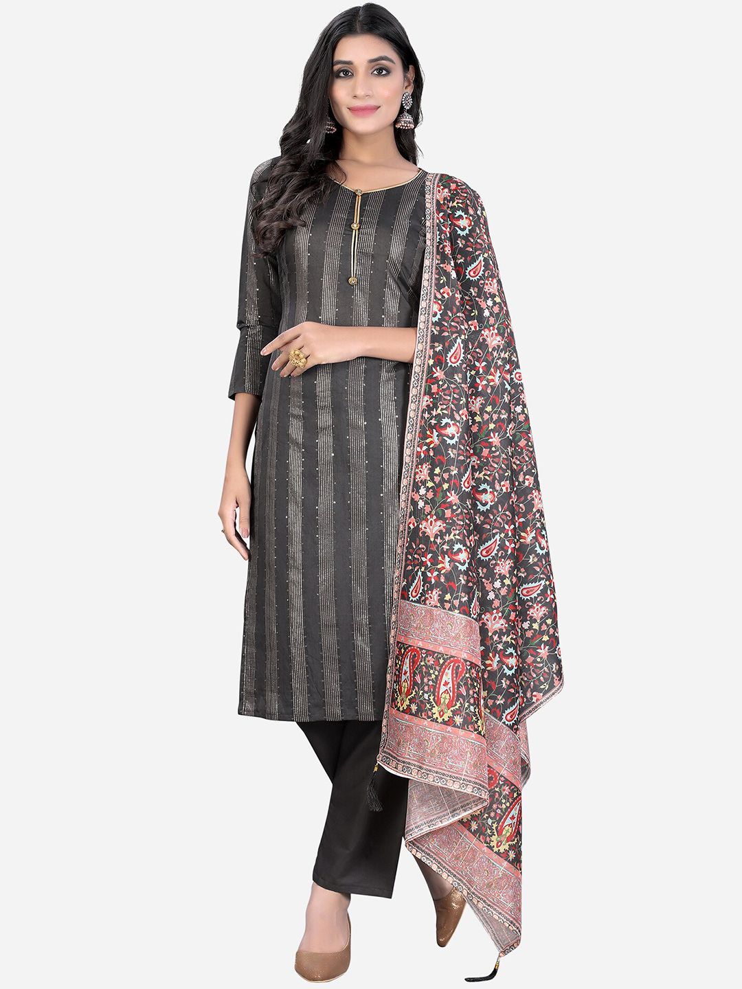 Satrani Charcoal Grey & Pink Unstitched Dress Material Price in India