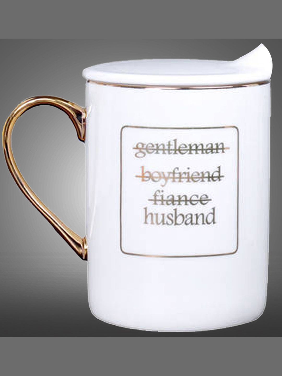 BonZeaL White & Gold-Toned 3D Ceramic Gold Lettering Printed Coffee Mug with Lid Price in India