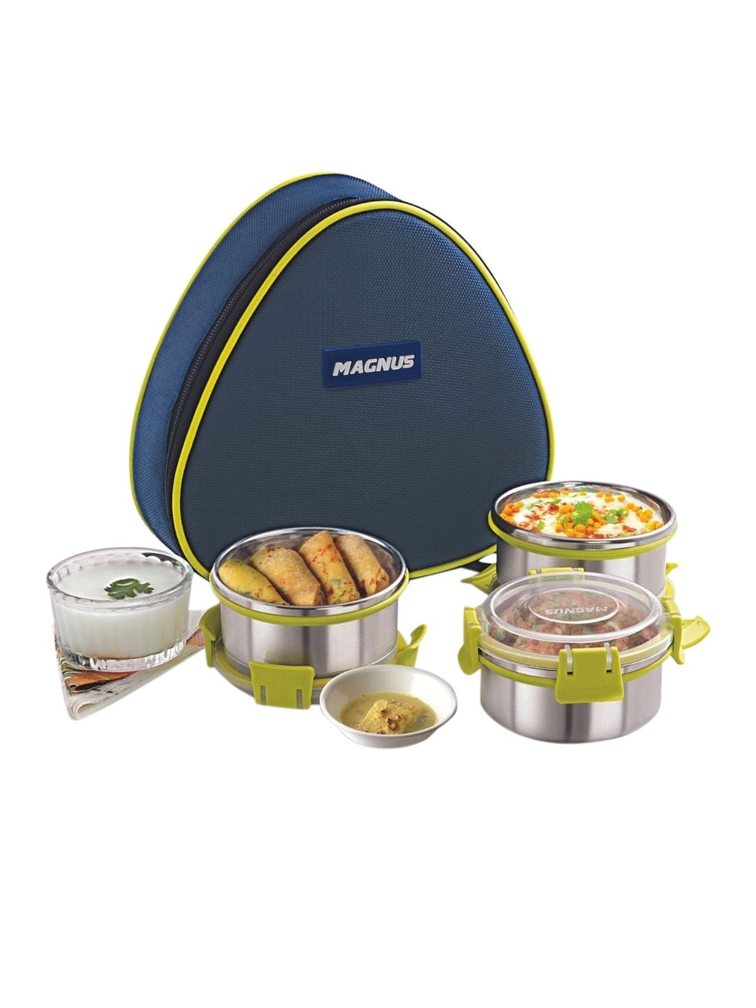 MAGNUS Set Of 3 Navy Blue & Silver Airtight Leakproof Stainless Steel Lunch Boxes With Bag Price in India