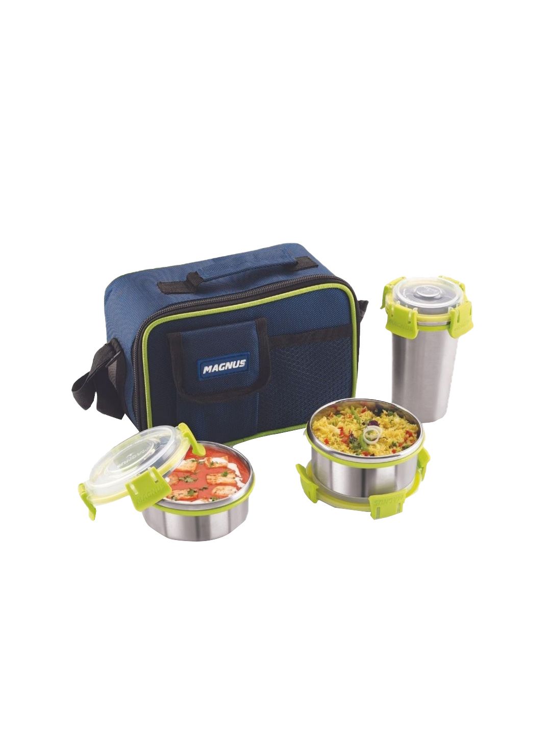 MAGNUS Navy Blue & Green Set Of 3 Airtight & Leakproof Stainless Steel Lunch Box Price in India