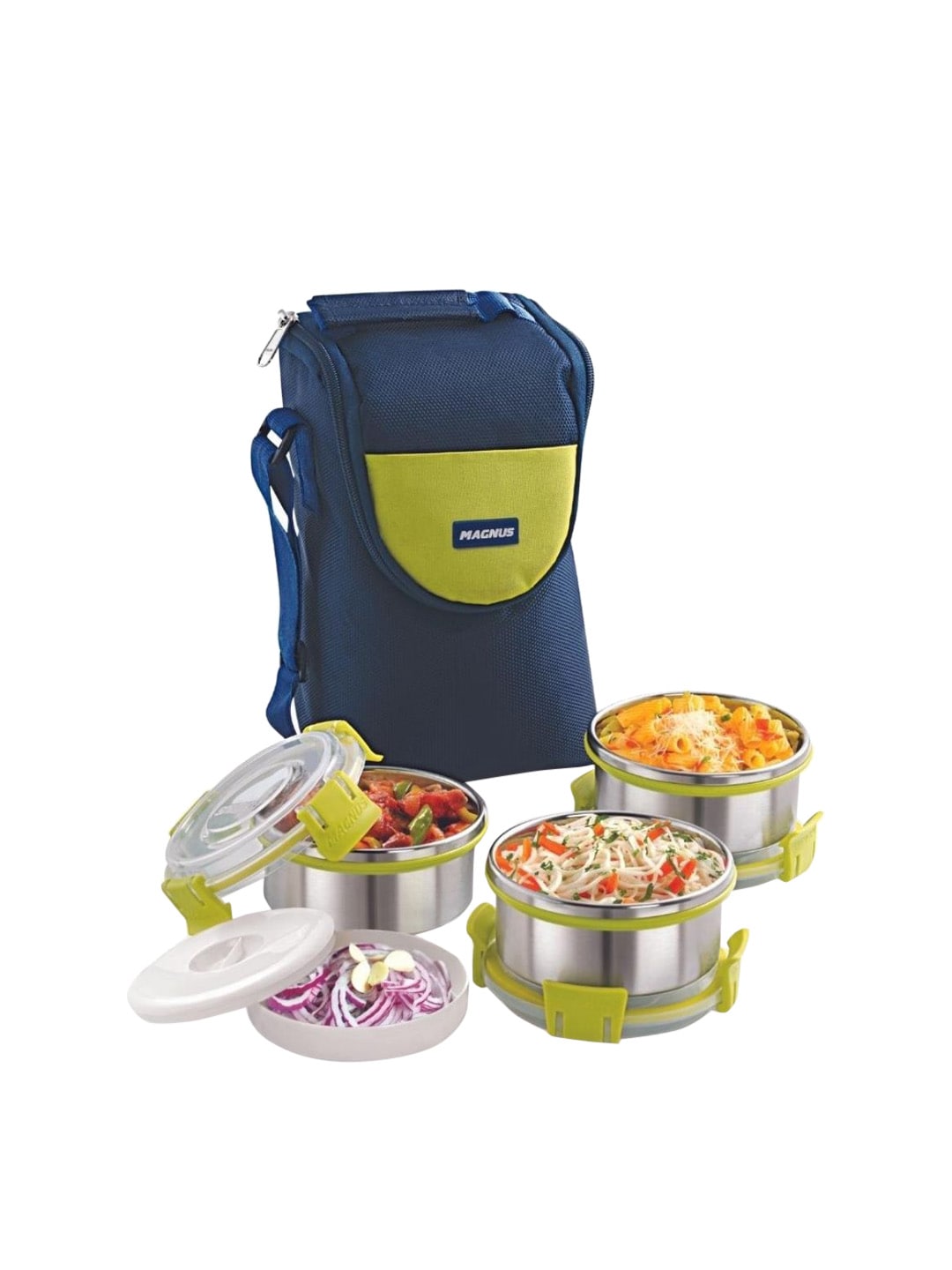 MAGNUS Unisex Navy Blue & Silver-Toned Solid Stainless Steel Lunch Box With Bag Price in India