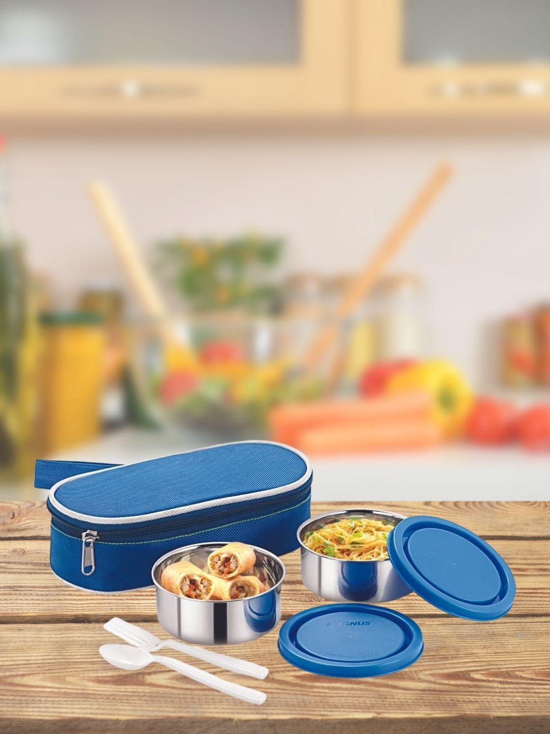 MAGNUS Blue Solid Airtight & Leakproof Lunch Box With Bag Price in India