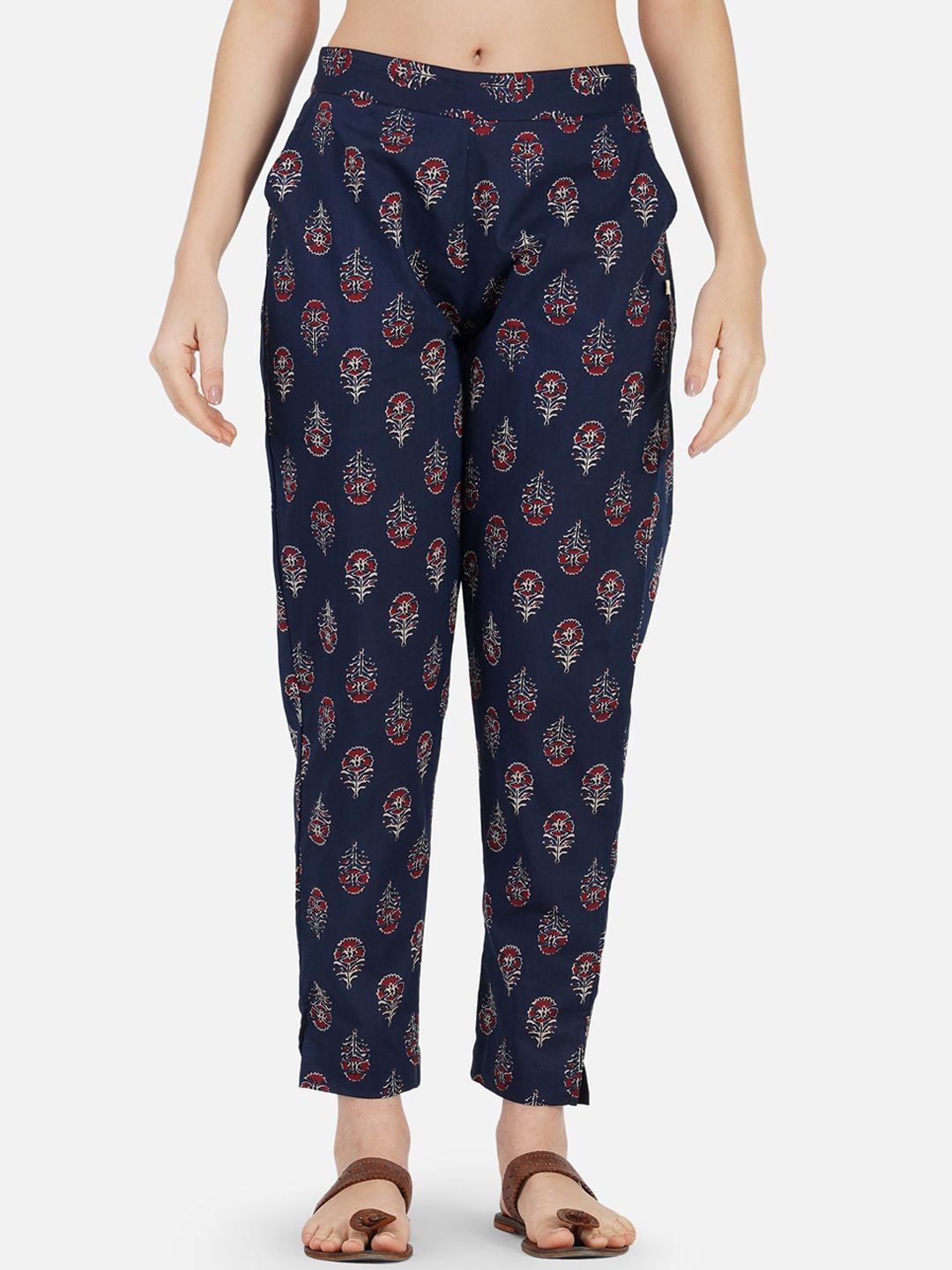 FABNEST Women Navy Blue Ethnic Motifs Printed Relaxed Pleated Ankle  Trousers Price in India