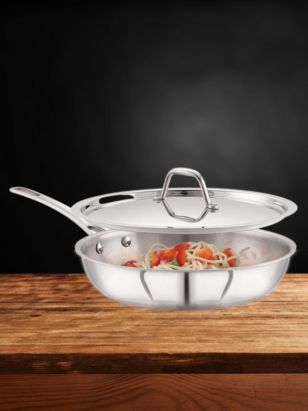 MAGNUS Silver-Toned Solid Frying Pan With Stainless Steel Lid Price in India