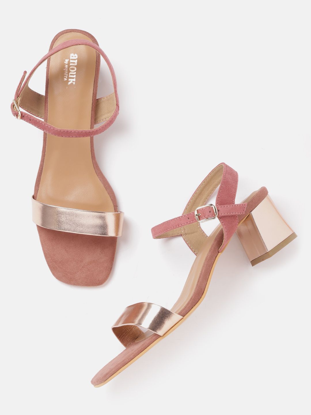Anouk Women Dusty Pink & Rose-Gold Toned Block Heels Price in India