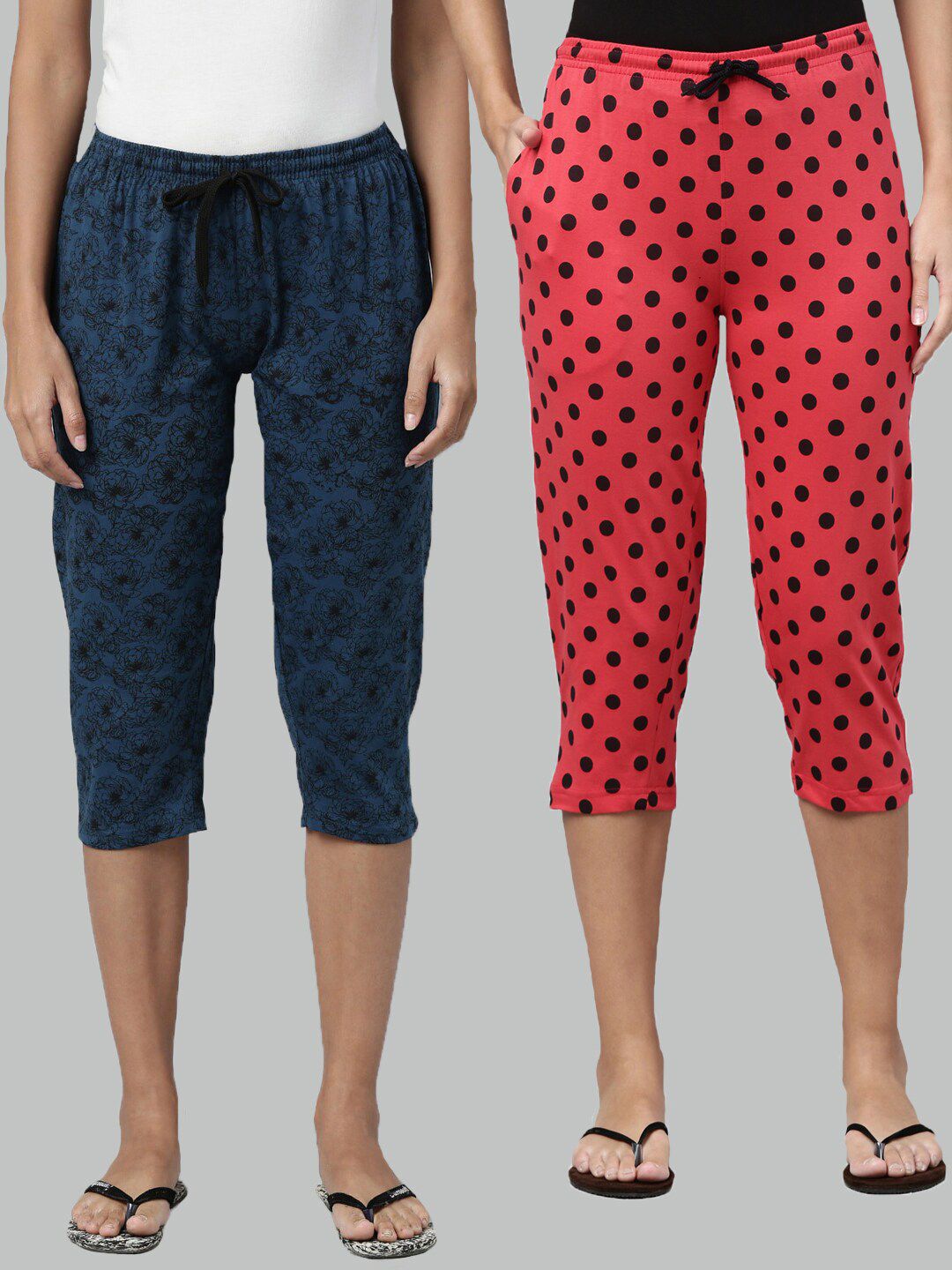 Kryptic Women Pack of 2 Navy Blue & Pink Printed Cotton Lounge Capris Price in India