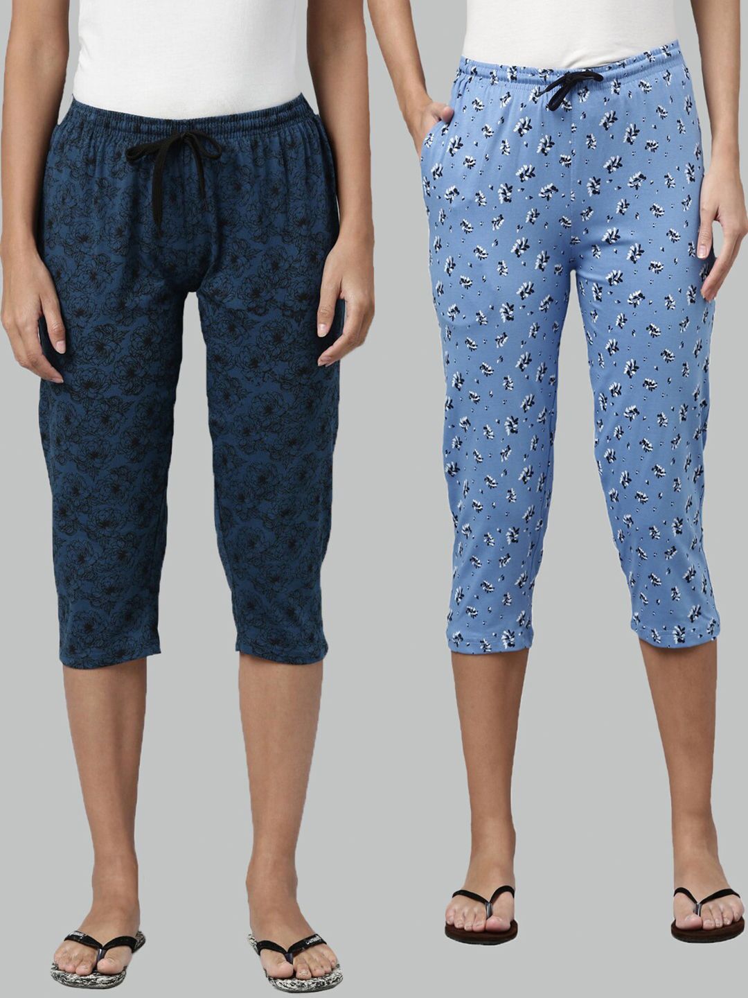 Kryptic Women Pack of 2 Blue Printed Cotton Lounge Capris Price in India