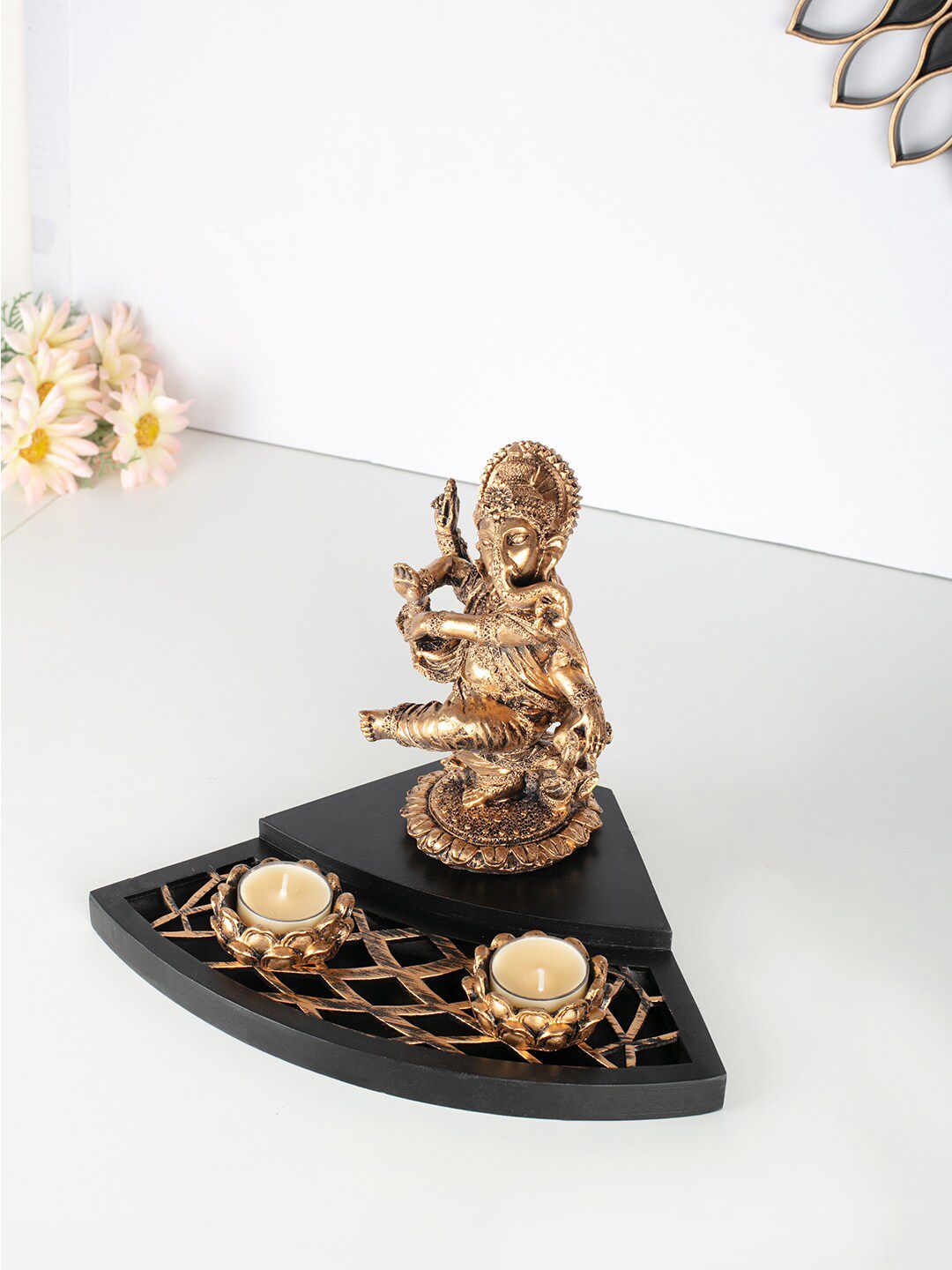 HomeTown Gold-Toned Natrag Ganesha Figurine Cum T-Light Holder Showpieces Price in India