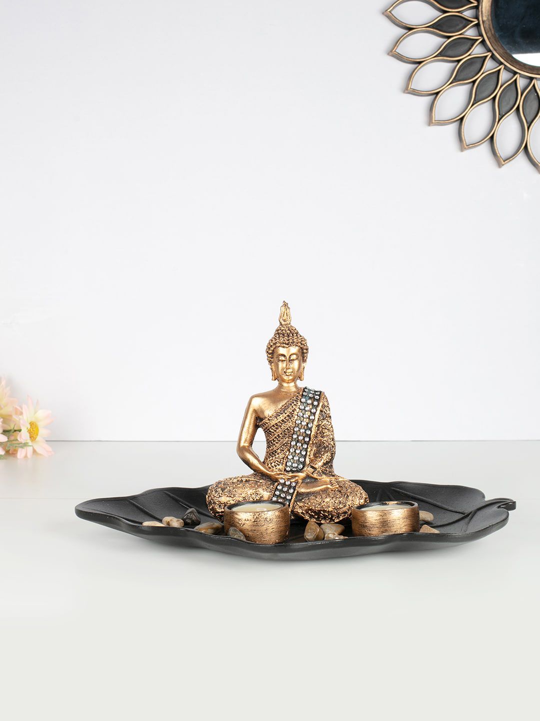 HomeTown Gold-Toned Buddha Figurine Cum T-Light Holder Showpiece Price in India